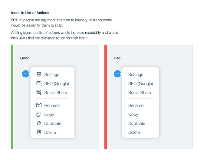 Icons in list of actions